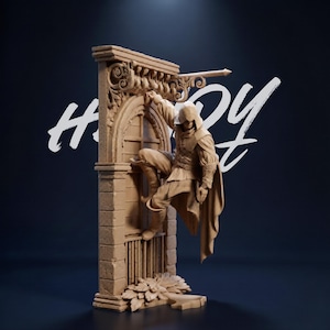 May include: A beige-colored statue of a figure in historical garb, climbing a stone structure with a window. The structure has ornate architectural details. The word "HISTORY" is written in white script across the image.