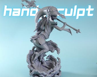 May include: A grey resin figurine of a character holding a trident, standing atop a sculpted wave base. The figure wears a headpiece and flowing garments. The text "handsculpt" is visible in the background in white lettering.