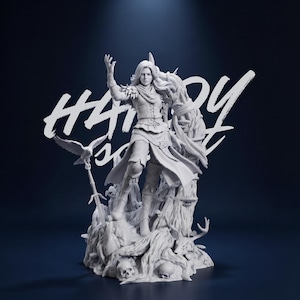 Peut inclure: Statue blanche d'une femme guerrière, tenant un bouclier et levant la main. La statue est sur une base avec des crânes et un oiseau. Le mot "HARDY" est écrit en blanc sur l'image.