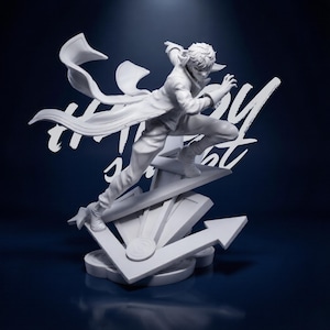 May include: A white figurine of a person in motion, leaping forward with a flowing coat. The figure is posed on a stylized base with arrows and the text "Story Night". The background is a dark blue.