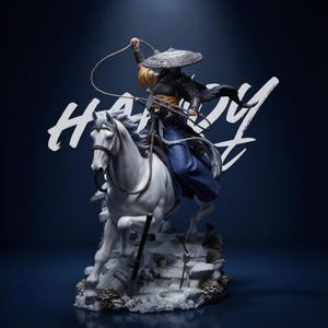 May include: A detailed figurine of a warrior on horseback, poised with a rope. The figure wears a hat, yellow and black clothing, and blue pants. The white horse is on a rocky base with arrows. The word "HAPPY" is written in white.