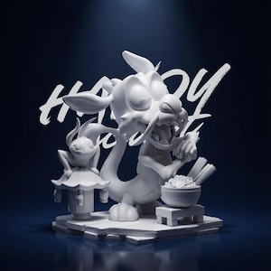 May include: A white figurine of a cartoon dragon with a small creature, a bowl of food, and the text "HAPPY". The dragon is holding chopsticks and has an expressive face. The figurine is on a wooden platform against a dark blue background.