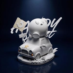 Puede incluir: Una figura blanca de un personaje de dibujos animados montado en un coche pequeño. El coche tiene una estrella en el capó y está sobre una base con hierba. Un letrero que dice "Kirby" está frente al coche. Las palabras "Happy Day" están escritas en blanco.