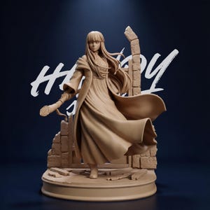 Può includere: Statuetta beige di una donna in un abito fluente e un lungo cappotto, che tiene in mano un bastone. La figura è in piedi davanti a una struttura in pietra fatiscente. La parola "History" è scritta in bianco sullo sfondo.