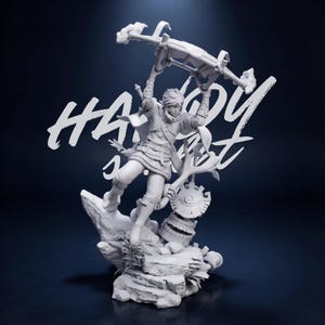 Op de afbeelding: Een wit beeldje van een videogamepersonage, met een wapen boven het hoofd. Het beeldje staat op een rotsachtige basis met een gestileerde boom en een cirkelvormig object. De tekst "Happy Quest" is in witte letters geschreven.