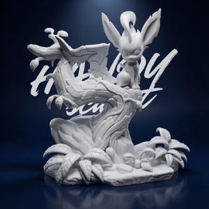 May include: A white figurine of a creature with large ears and a tail, perched on a stylized tree with foliage. The figurine is set against a dark blue background, with the word "Fantasy" in white script.