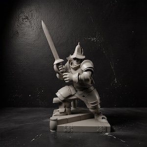 May include: A gray unpainted miniature figurine of a warrior in plate armor and a helmet, captured in a dynamic kneeling pose while holding a sword aloft. The figure stands on a rectangular base with decorative carvings along the front edge.