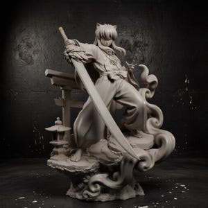 May include: A monochromatic gray resin figure of a long-haired character with animal ears, wearing traditional robes and holding a large sword. The base features a torii gate, a stone lantern, and swirling cloud-like elements surrounding the figure.