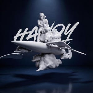 May include: A white sculpture of a rocket ship with passengers, including a person in a top hat. The rocket is atop a cloud, with the word "HAPPY" in white script across the image. The background is a dark blue.