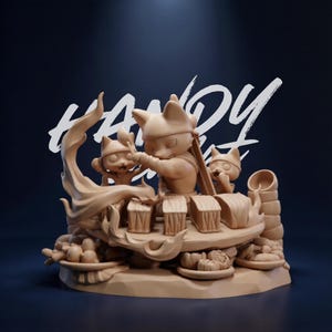 May include: A tan-colored figurine depicting three cat-like characters in a boat, with a stylized wave and food items. The word "HANDY" is written in white script across the top. The figurine has a detailed, cartoonish design.