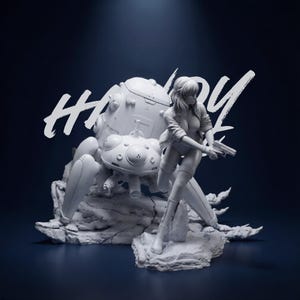 May include: A white figurine of a woman holding a gun, posed in a dynamic stance, with a robotic spider-like vehicle behind her. The word "HAPPY" is written in white brushstrokes across the top. The scene is set against a dark blue background.