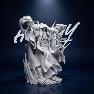 May include: A white figurine depicting a skeletal figure in flowing robes, holding a staff and a weapon. The figure stands on a stylized base with flame-like details. The background is a dark blue with white text.