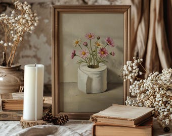 Wildflower Toilet Paper Wall Art, Funny Botanical Bathroom, Toilet Paper Plant Art Print, Toilet Humor Painting