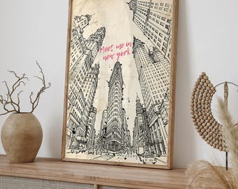New York City Art Print, Meet Me in NY, Apartment Aesthetic, NY Newspaper Print, Girly Preppy Print, Retro Travel Art