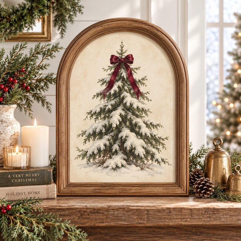 Christmas Tree Wall Art Snowy Pine With Bow Rustic Decor Winter christmas-tree-wall-art-snowy-pine-with-bow-rustic-decor-winter