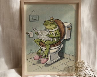 Retro Frog on Toilet Print, Retro Bathroom, Quirky Bathroom Wall Decor, Humorous Toilet Print, Frog Reading in Bathroom