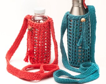 Water Bottle Caddy, with cross-body or wrist strap, PDF Pattern to crochet