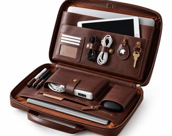 Brown Leather 15" Laptop Bag for Men Women, Professional Tech Organizer Portfolio Briefcase, Slim Leather Messenger Bag, Gift for Him