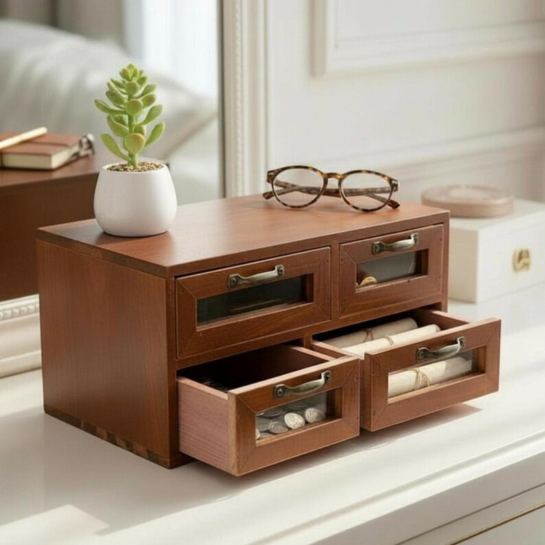 Vintage Wooden Desk Organizer With 4 Drawers for Office and Countertop ...