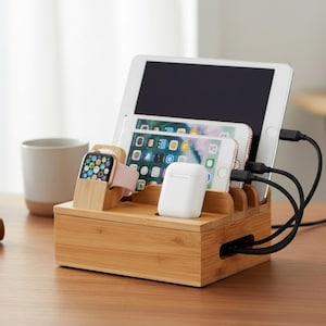 May include: A bamboo charging station with multiple slots for electronic devices. It holds a tablet, two smartphones, an Apple Watch with a pink band, and a pair of white wireless earbuds. Black charging cables are plugged into the devices.