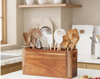 Acacia Wood Utensil Holder, 4 Compartment Kitchen Countertop Organizer for Cooking Tools