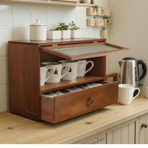 May include: A wooden tea cabinet with a glass-paned door and a drawer. Inside are mugs and tea bags. A white ceramic jar and small potted plants sit on top. A stainless steel kettle and a white mug are on the counter.