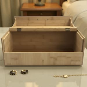May include: A light-colored bamboo box with a hinged lid, open to reveal an empty interior. Two gold-toned rings and a delicate gold bracelet are in front of the box. The box is on a white surface.