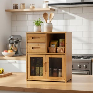May include: A bamboo kitchen cabinet with two drawers and two glass-door cabinets. The cabinet has a shelf and is filled with spices, oils, and other kitchen items. A small plant and wooden spoons are on top of the cabinet.