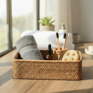 May include: A rectangular woven rattan basket filled with bathroom essentials. It contains a rolled gray towel, a small brown bottle, two bamboo toothbrushes, and a natural sponge. White towels and a small plant are in the background.