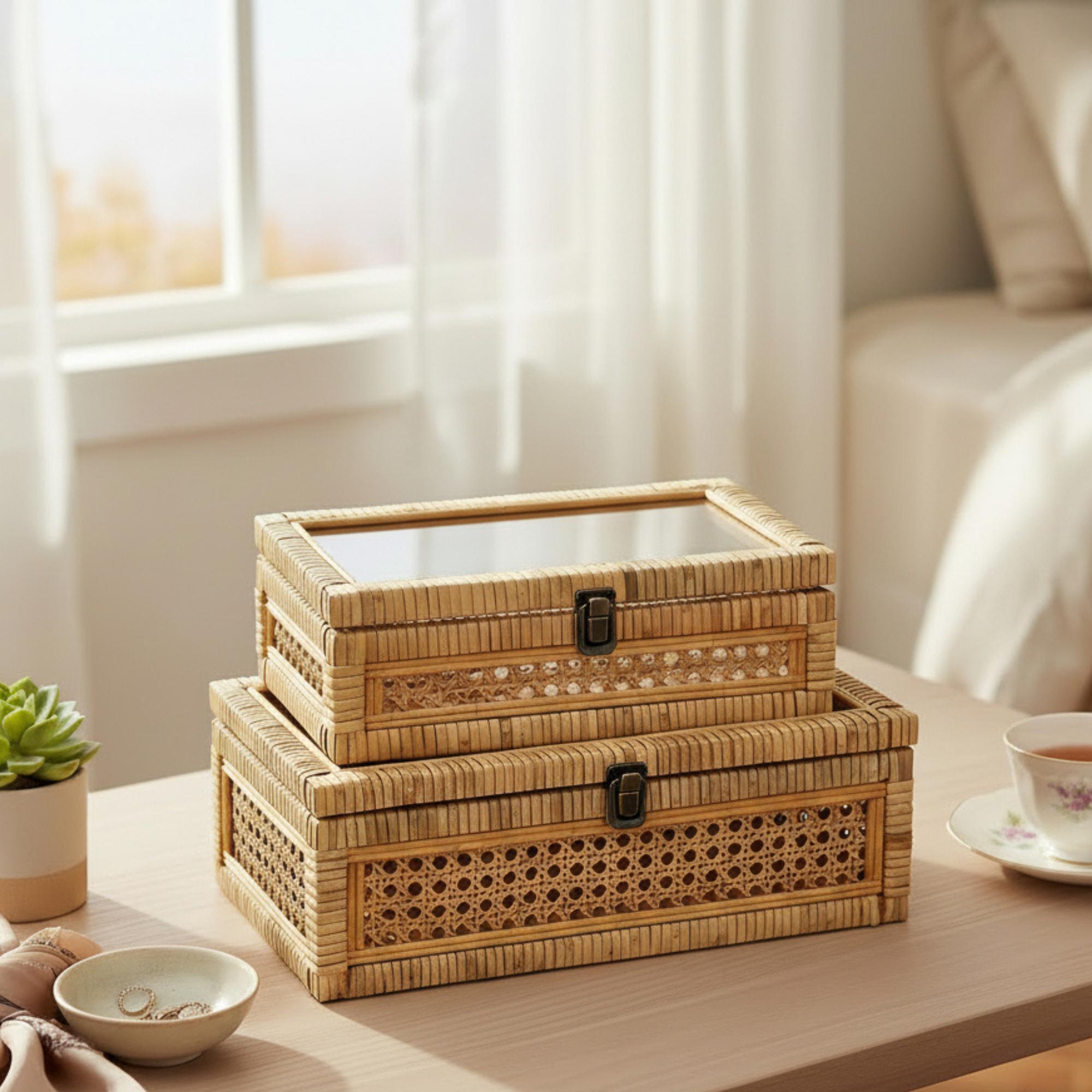 Rattan Cane Stacking Storage Boxes With Glass Lid | Set of 2 Boho Decor ...