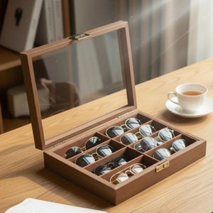 May include: A wooden sunglasses display case with a clear glass lid. The interior is divided into compartments, each holding a pair of sunglasses. The case is open, revealing various styles of sunglasses. A cup of tea sits nearby.