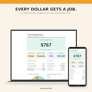 May include: A laptop and smartphone display a budget tracker interface. The screen shows a dashboard with financial data, including a 'Safe to Spend' amount of $767. Text at the top reads, 'EVERY DOLLAR GETS A JOB.' The interface is designed to be ADHD-friendly.