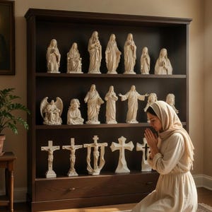 May include: A dark wooden bookshelf displays religious statues and crosses. The statues depict figures in flowing robes, while the crosses vary in design. A person kneels in prayer on a patterned rug in front of the shelf.