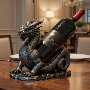 Puede incluir: Un detallado soporte para botellas de vino con forma de dragón gris oscuro. El dragón está esculpido con intrincadas escamas y rasgos, sosteniendo una botella de vino. La botella de vino tiene una etiqueta negra con el texto "CHEHALEM".
