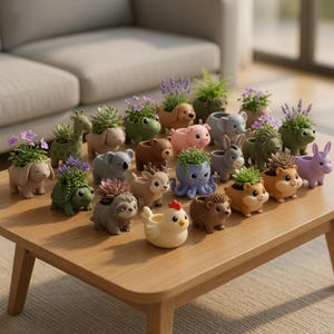 May include: A selection of miniature animal-shaped plant pots, each filled with a small succulent or flowering plant. The pots are displayed on a wooden table and feature various animals, including dogs, pigs, and rabbits. The color palette is pastel, creating a whimsical aesthetic.