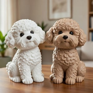 May include: Two dog ornaments, one white and one tan, are displayed on a wooden table. The dogs have curly fur, black eyes, and are in a sitting position. The background includes a window, plants, and a framed picture.