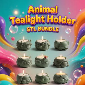 Puede incluir: Una colección de portavelas con forma de animales, incluyendo un yak, una oveja, un elefante, un búho, una gallina, una tortuga, un conejo, una rana y un erizo. Cada portavelas es de color verde apagado y contiene una vela encendida. El texto "Animal Tealight Holder STL BUNDLE" está presente.