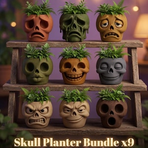 Skull Planter STL Bundle, 9 Facial Expression Plant Pots, 3D Print STL Files