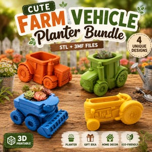Op de afbeelding: Vier kleurrijke 3D-geprinte plantenbakken in de vorm van landbouwvoertuigen. De plantenbakken zijn in de vorm van tractoren en andere landbouwmachines in oranje, groen, blauw en geel. De tekst "CUTE FARM VEHICLE Planter Bundle" is inbegrepen.