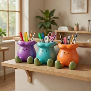 May include: Three colorful desk organizers shaped like smiling sacks, each with green feet. The organizers are purple, teal, and orange, and hold pens, pencils, scissors, and other stationery items. They sit on a light-colored wooden shelf.