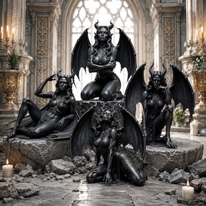 Puede incluir: Cuatro estatuas negras de figuras humanoides aladas con cuernos, cada una en una pose distinta. Las figuras están colocadas sobre superficies de piedra rocosa en un gran salón con ventanas arqueadas y pilares, con velas encendidas en el suelo.