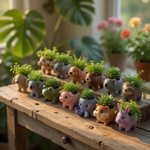 May include: A selection of animal-shaped plant pots, each filled with a succulent. The pots are designed as a giraffe, dog, bear, koala, frog, pig, octopus, hamster, and bunny. They are displayed on a rustic wooden table.