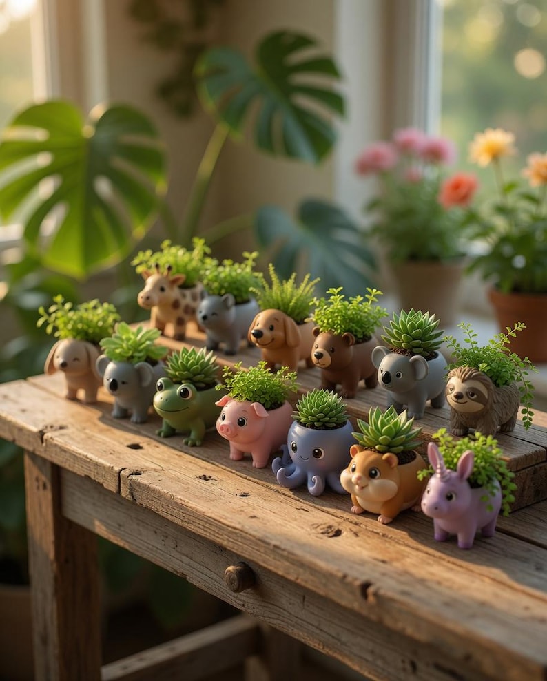 May include: A selection of animal-shaped plant pots, each filled with a succulent. The pots are designed as a giraffe, dog, bear, koala, frog, pig, octopus, hamster, and bunny. They are displayed on a rustic wooden table.