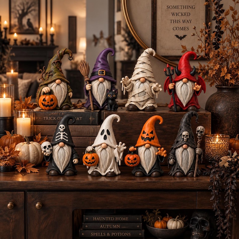 May include: Eight decorative gnome figurines arranged on wooden surfaces. The gnomes feature various Halloween-themed costumes including a witch, mummy, devil, ghost, and skeleton designs, holding accessories like pumpkins, a broom, and skulls.