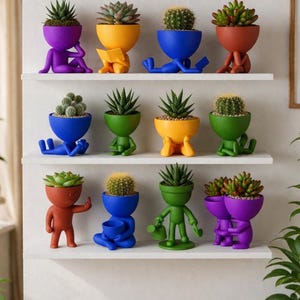 May include: A collection of colorful, human-shaped planters holding various succulents and cacti. The planters are in shades of purple, yellow, blue, green, and red, arranged on white shelves. Each planter has a unique pose.