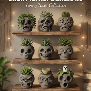 May include: A collection of nine gray skull-shaped planters, each with a unique facial expression, arranged on wooden shelves. The planters are filled with various succulents and small plants. The text "Skull Planter Bundle x9 Funny Faces Collection" is displayed at the top.