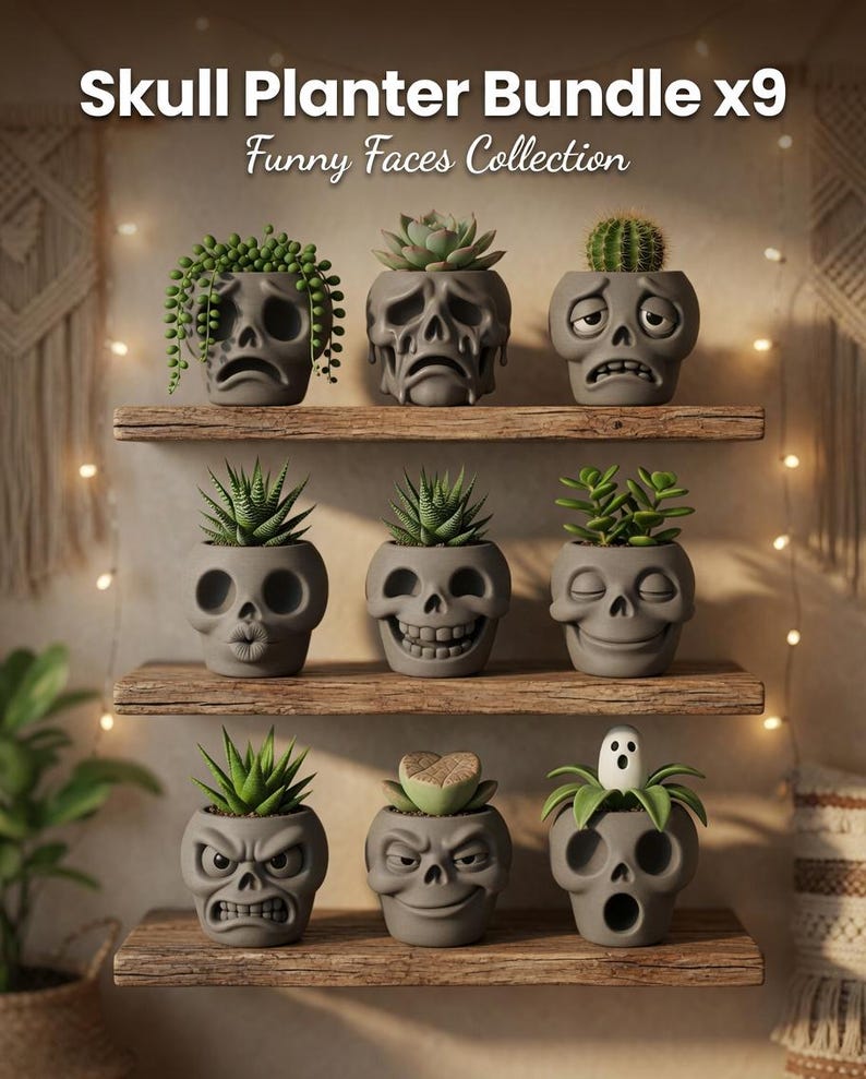 May include: A collection of nine gray skull-shaped planters, each with a unique facial expression, arranged on wooden shelves. The planters are filled with various succulents and small plants. The text "Skull Planter Bundle x9 Funny Faces Collection" is displayed at the top.