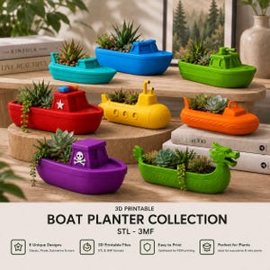 Puede incluir: Una colección de ocho macetas con forma de barco en colores rojo, azul, verde, amarillo, naranja y morado, cada una con plantas suculentas. El texto dice 3D PRINTABLE BOAT PLANTER COLLECTION STL - 3MF.