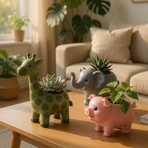 May include: Three animal-shaped plant pots on a wooden table. A green giraffe pot with a succulent, a grey elephant pot with a succulent, and a pink pig pot with green plants. The pots are in a living room setting.