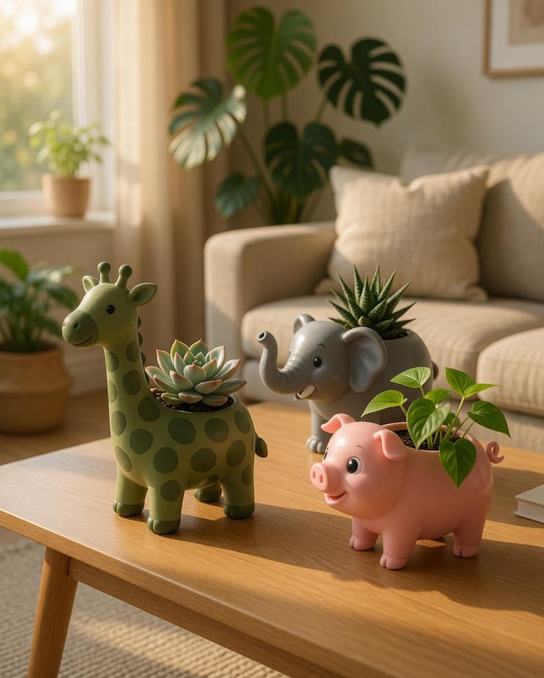 May include: Three animal-shaped plant pots on a wooden table. A green giraffe pot with a succulent, a grey elephant pot with a succulent, and a pink pig pot with green plants. The pots are in a living room setting.